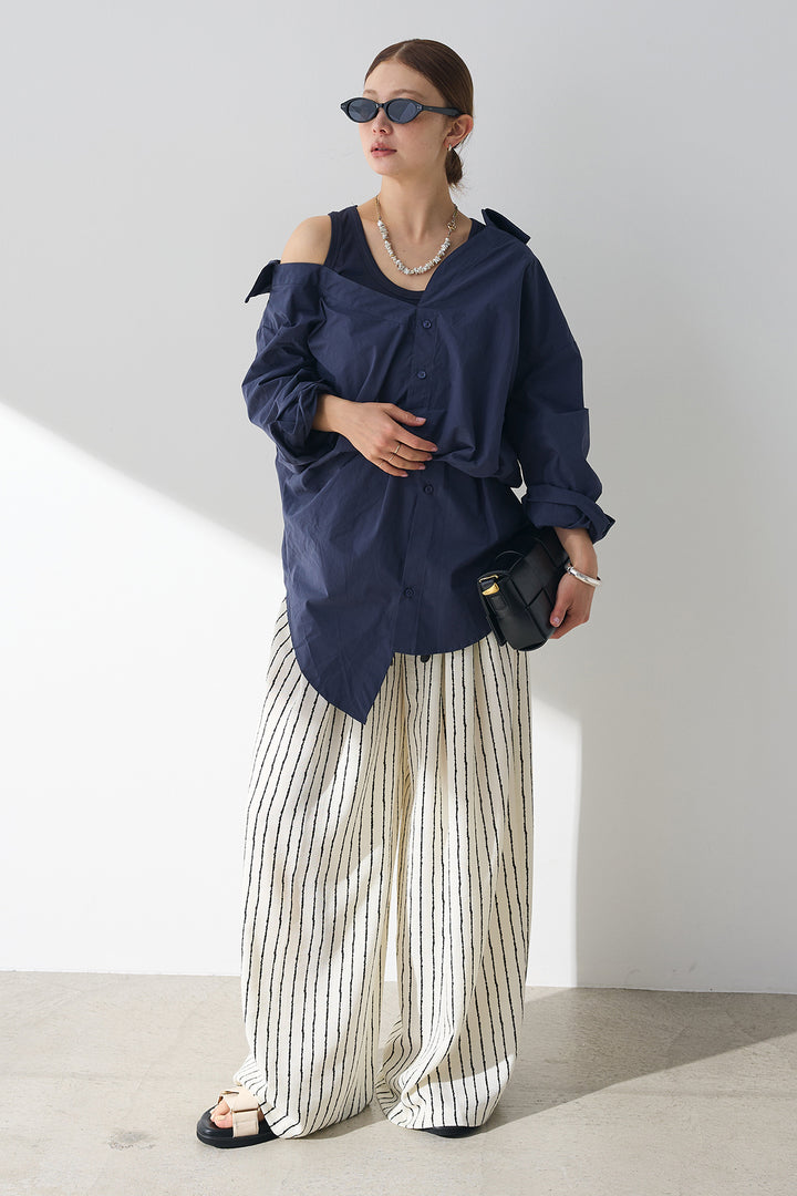 [SET]タンク付きアシメシャツ+レザーベルト付きストライプパンツ(2set)