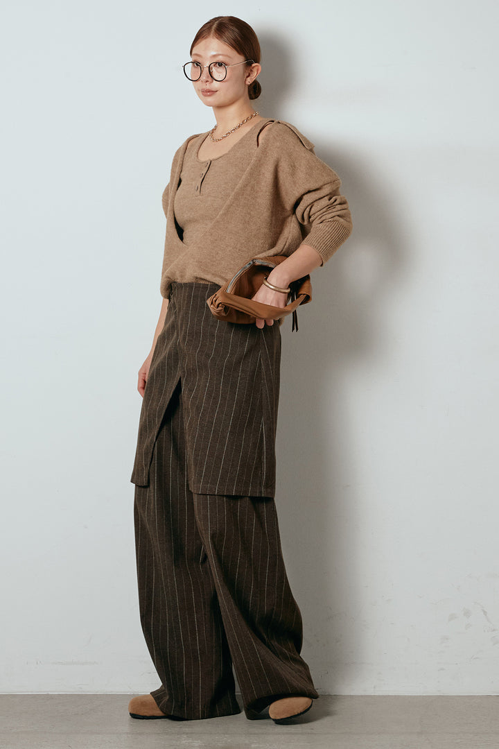 [SET]襟付きレイヤードニットトップス+細ストライプレイヤードデザインパンツ(2set)