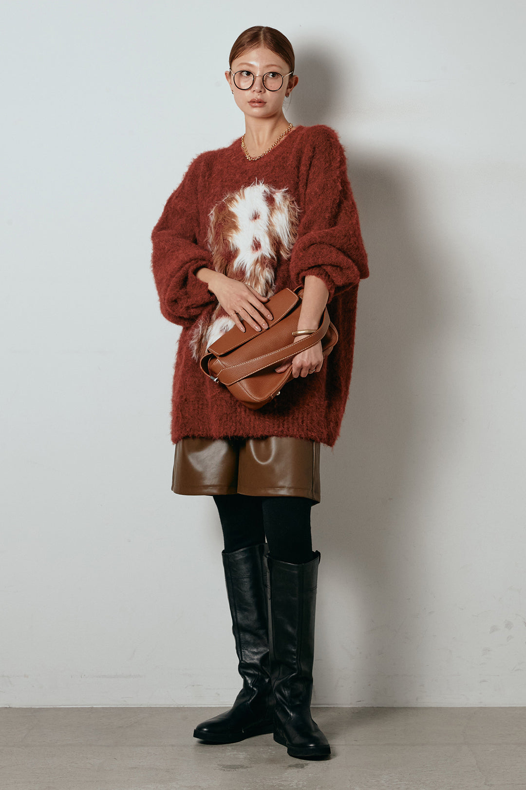 [SET]シャギーニュアンスアニマルニット+ストレッチエコレザーバミューダパンツ(2set)