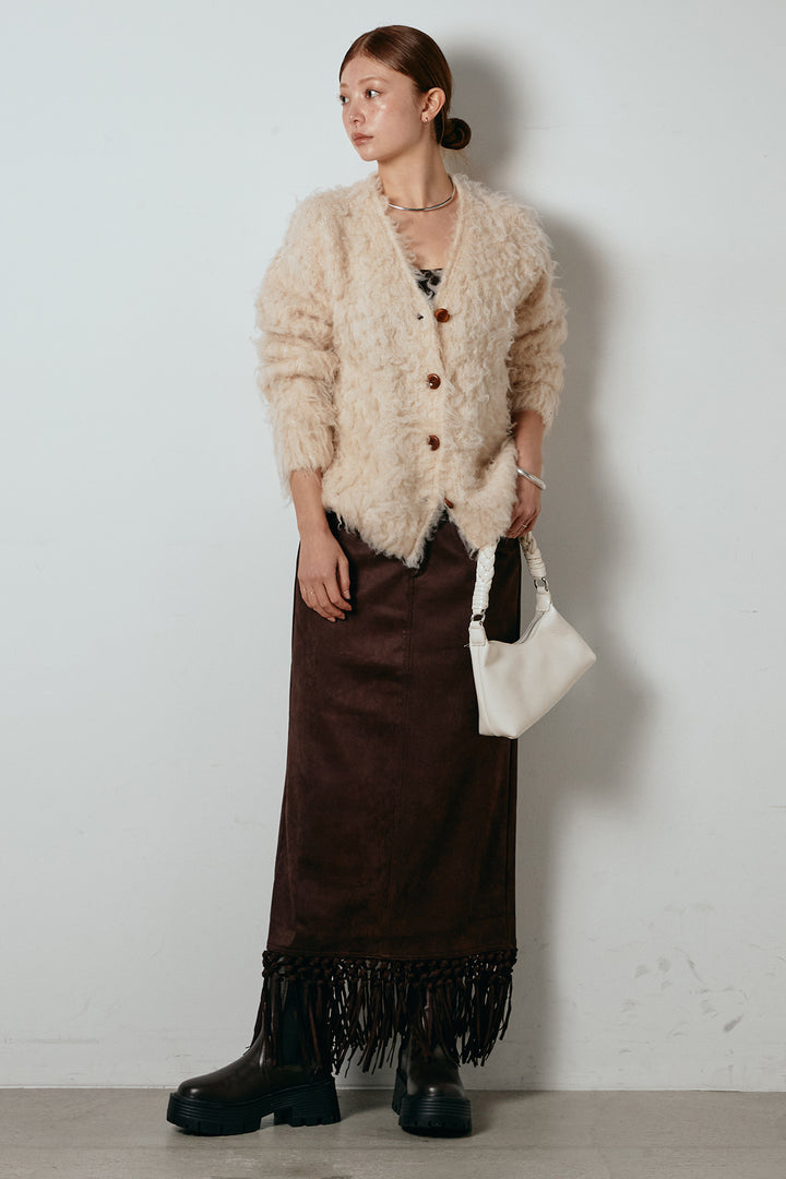 [SET]ルーズシャギーニットカーディガン+スウェードライク裾フリンジスカート(2set)