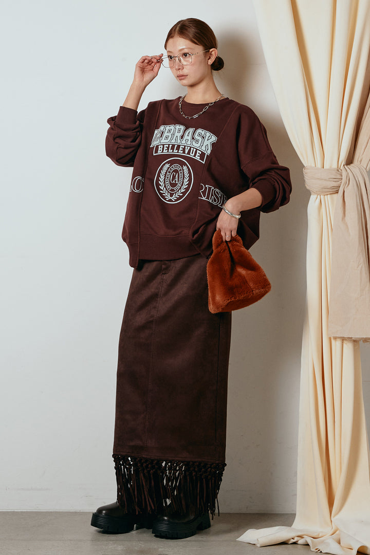 [SET]裏毛カレッジプリントプルオーバー+スウェードライク裾フリンジスカート(2set)