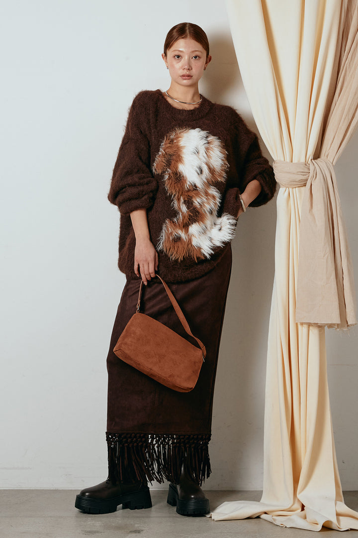 [SET]シャギーニュアンスアニマルニット+スウェードライク裾フリンジスカート(2set)