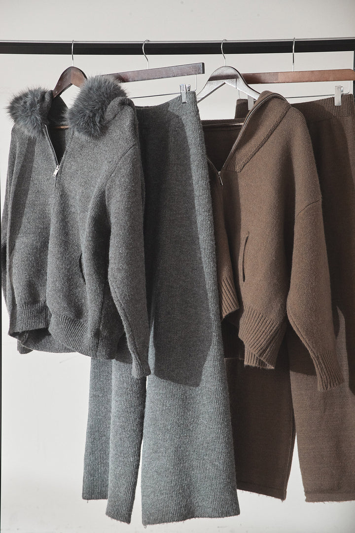 【着回しセット】[SET]ファー付きフーディーニットSETUP+ビッグカラーダブルジップニットSETUP(2set)