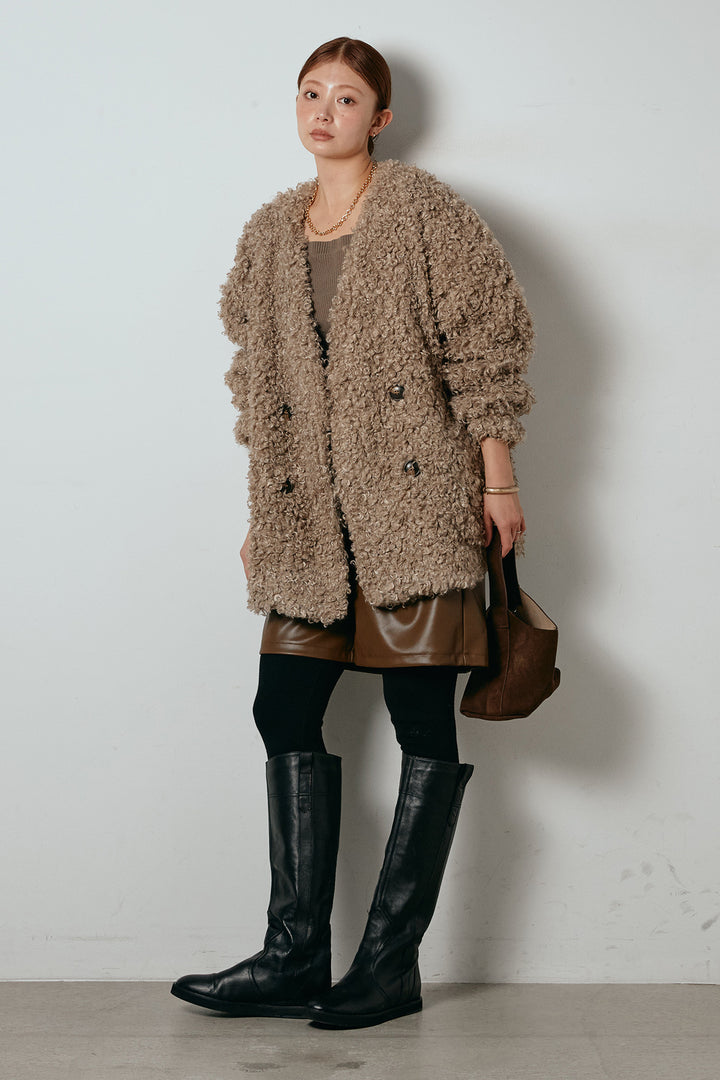 [SET]シープライクファージャケット+ストレッチエコレザーバミューダパンツ(2set)