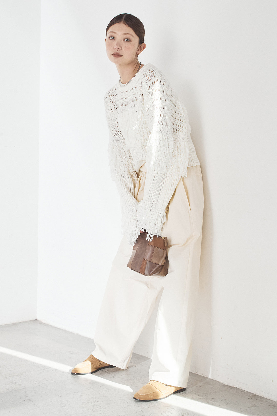 [SET]メッシュフリンジ切り替えプルオーバー+合繊ツイルスタンドウエスト巻きジョガーパンツ(2set)