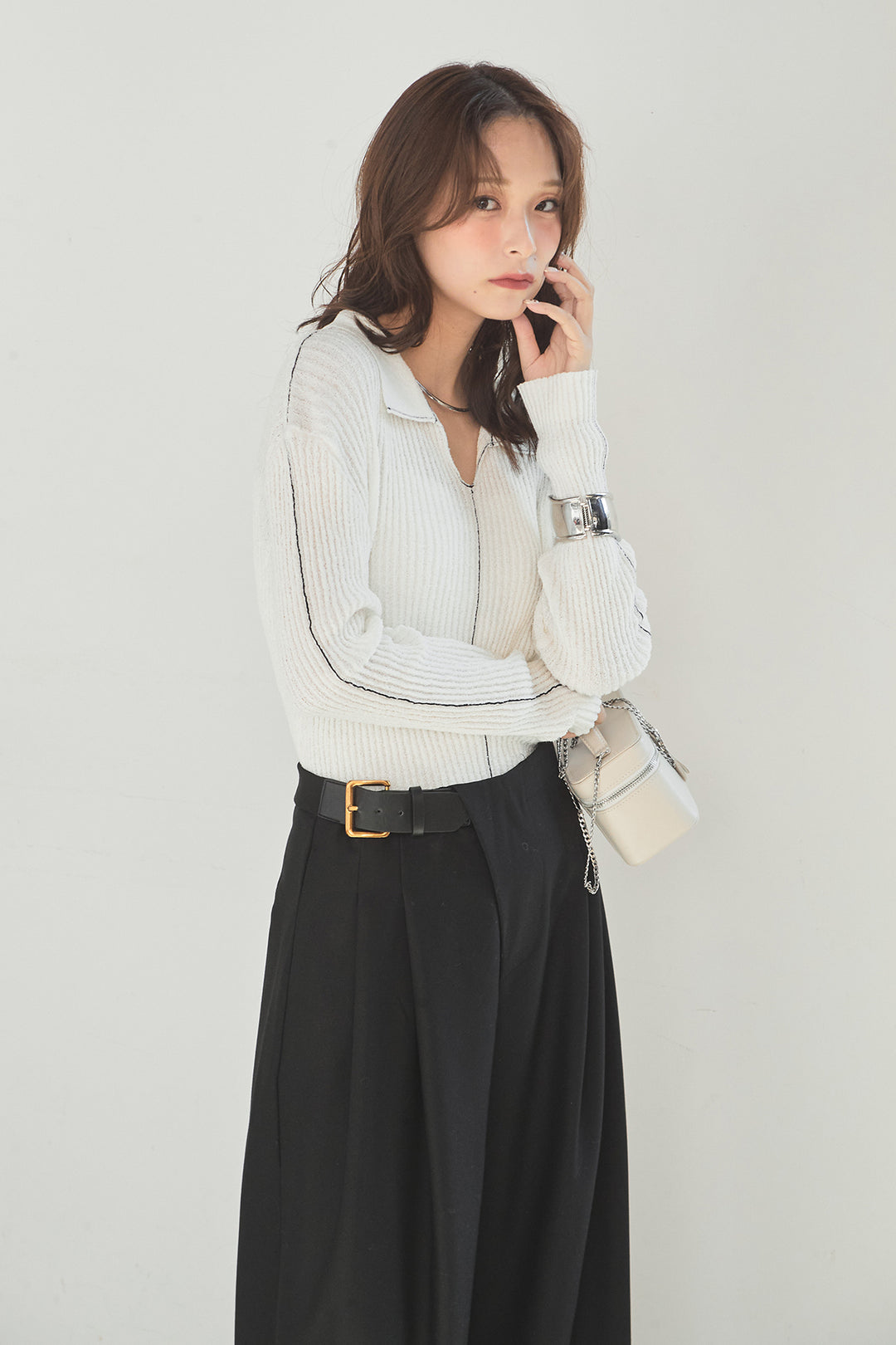 [SET]衿付きニットプルオーバー+サイドベルトタック入りスラックス(2set)