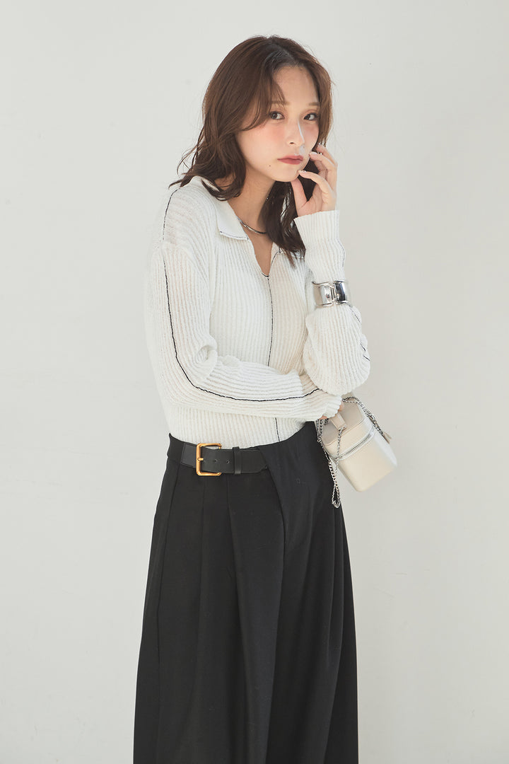 [SET]衿付きニットプルオーバー+サイドベルトタック入りスラックス(2set)