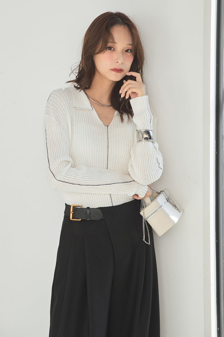 [SET]衿付きニットプルオーバー+サイドベルトタック入りスラックス(2set)