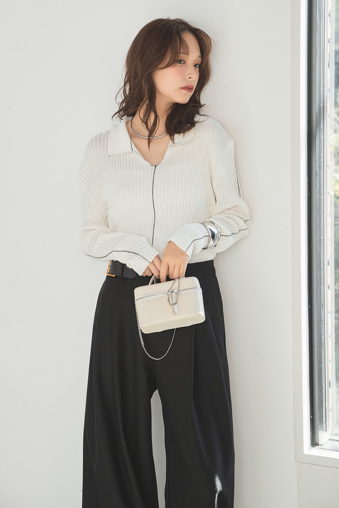 [SET]衿付きニットプルオーバー+サイドベルトタック入りスラックス(2set)