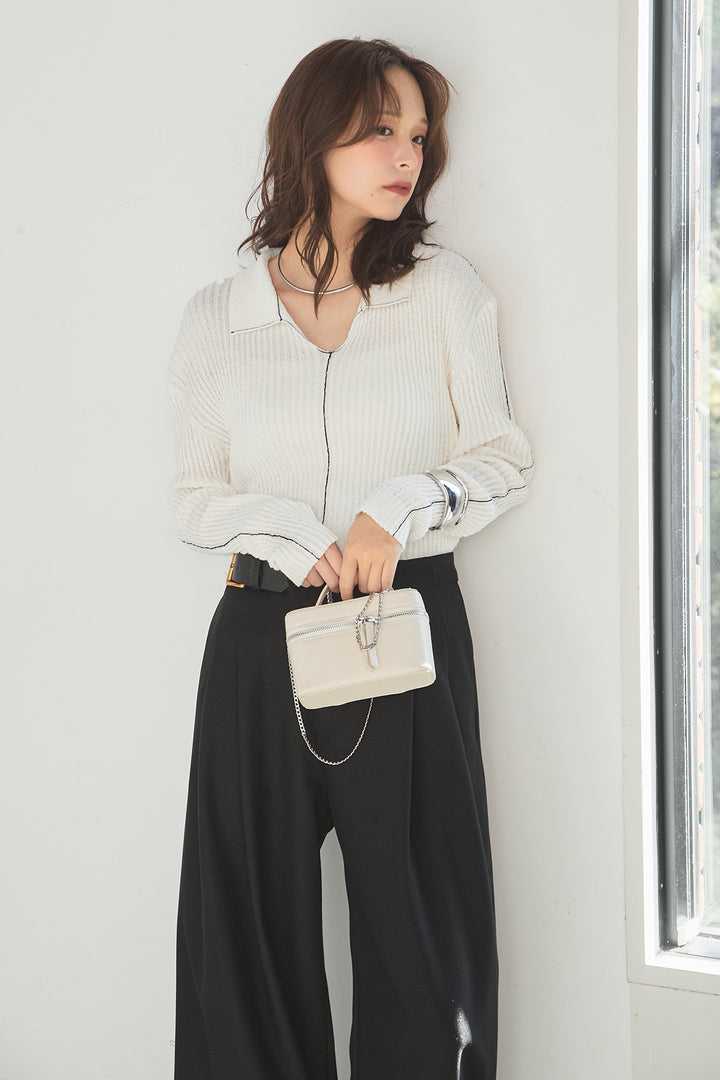 [SET]衿付きニットプルオーバー+サイドベルトタック入りスラックス(2set)