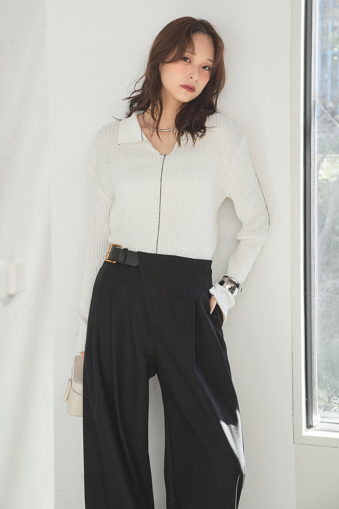 [SET]衿付きニットプルオーバー+サイドベルトタック入りスラックス(2set)