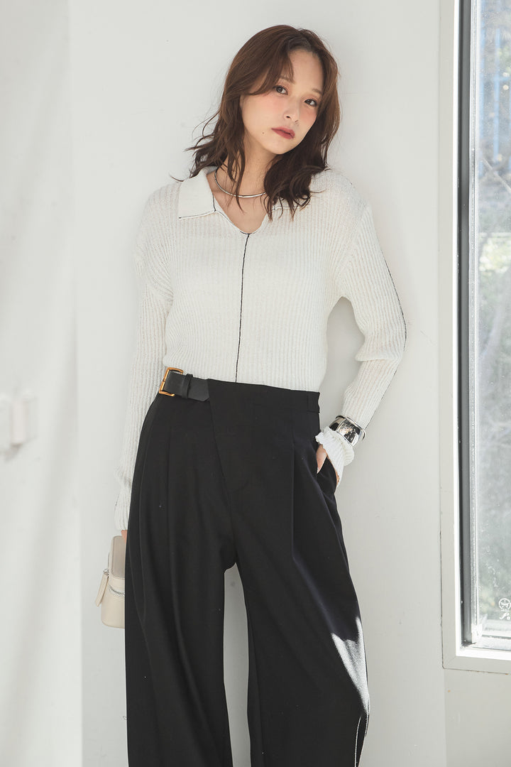 [SET]衿付きニットプルオーバー+サイドベルトタック入りスラックス(2set)