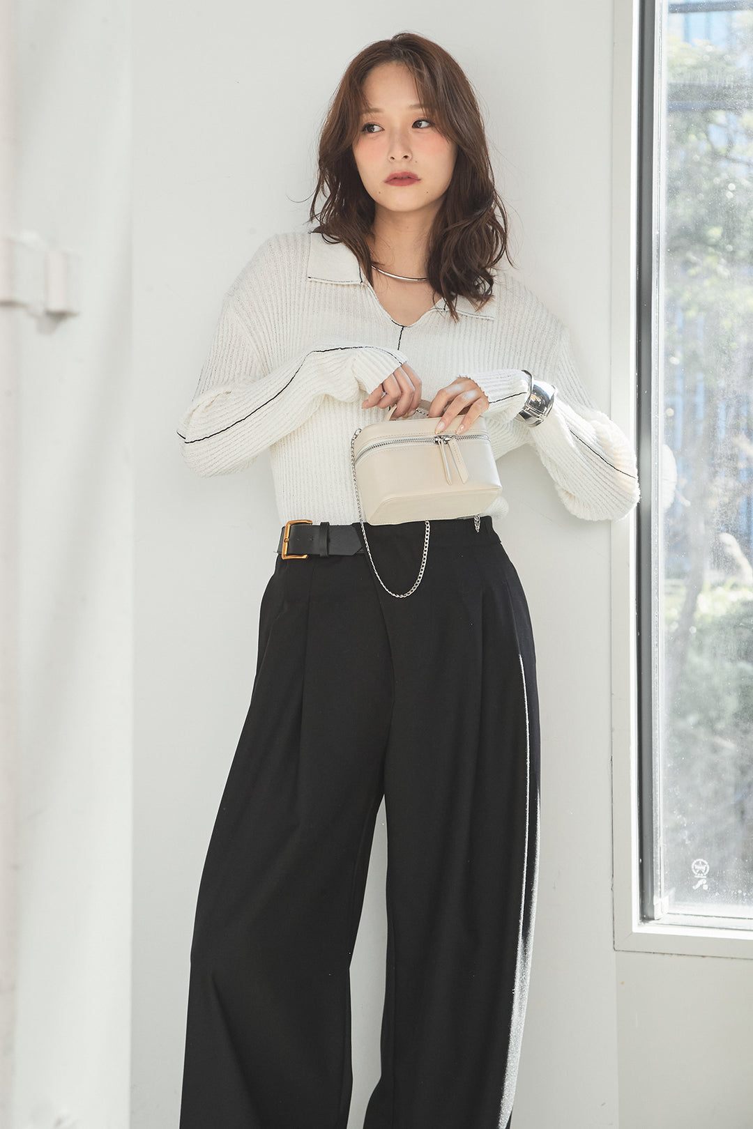 [SET]衿付きニットプルオーバー+サイドベルトタック入りスラックス(2set)