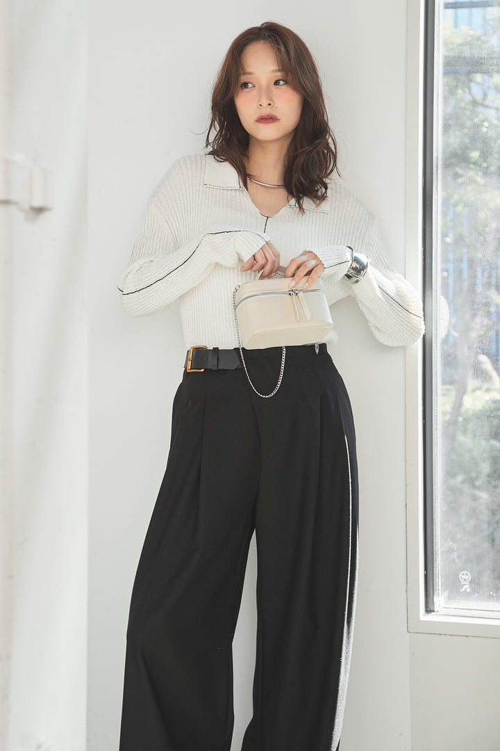 [SET]衿付きニットプルオーバー+サイドベルトタック入りスラックス(2set)