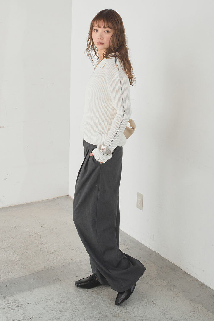 [SET]衿付きニットプルオーバー+サイドベルトタック入りスラックス(2set)