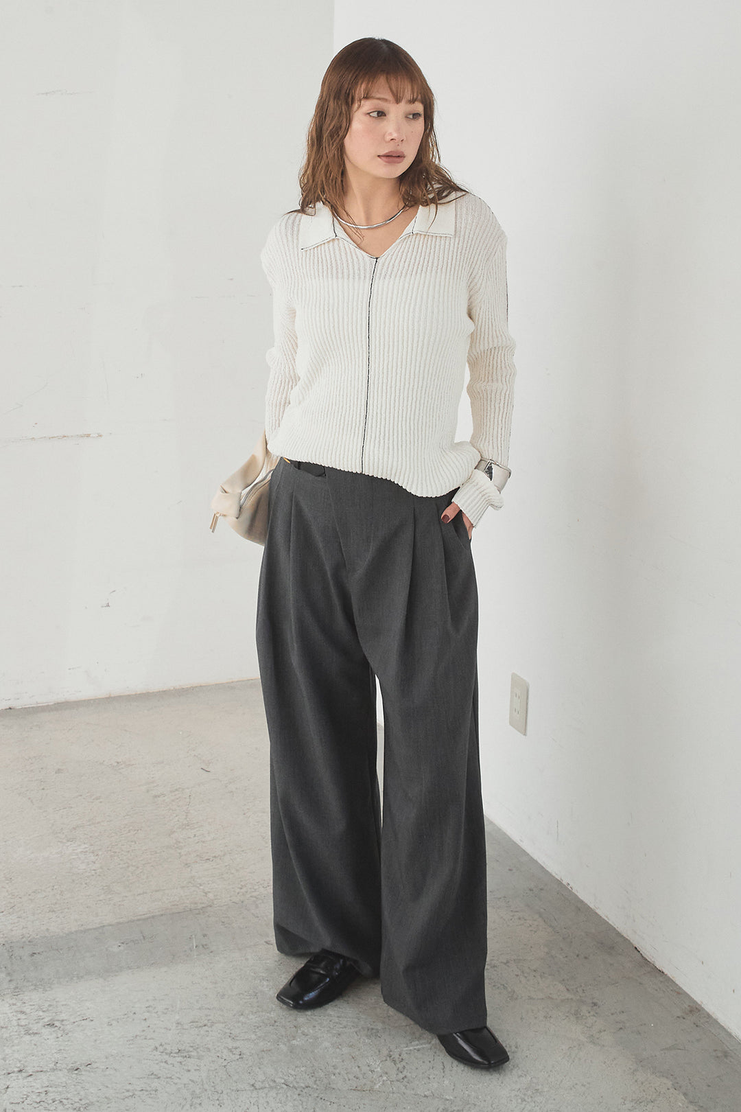 [SET]衿付きニットプルオーバー+サイドベルトタック入りスラックス(2set)