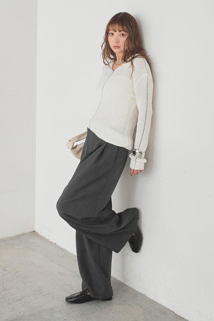 [SET]衿付きニットプルオーバー+サイドベルトタック入りスラックス(2set)