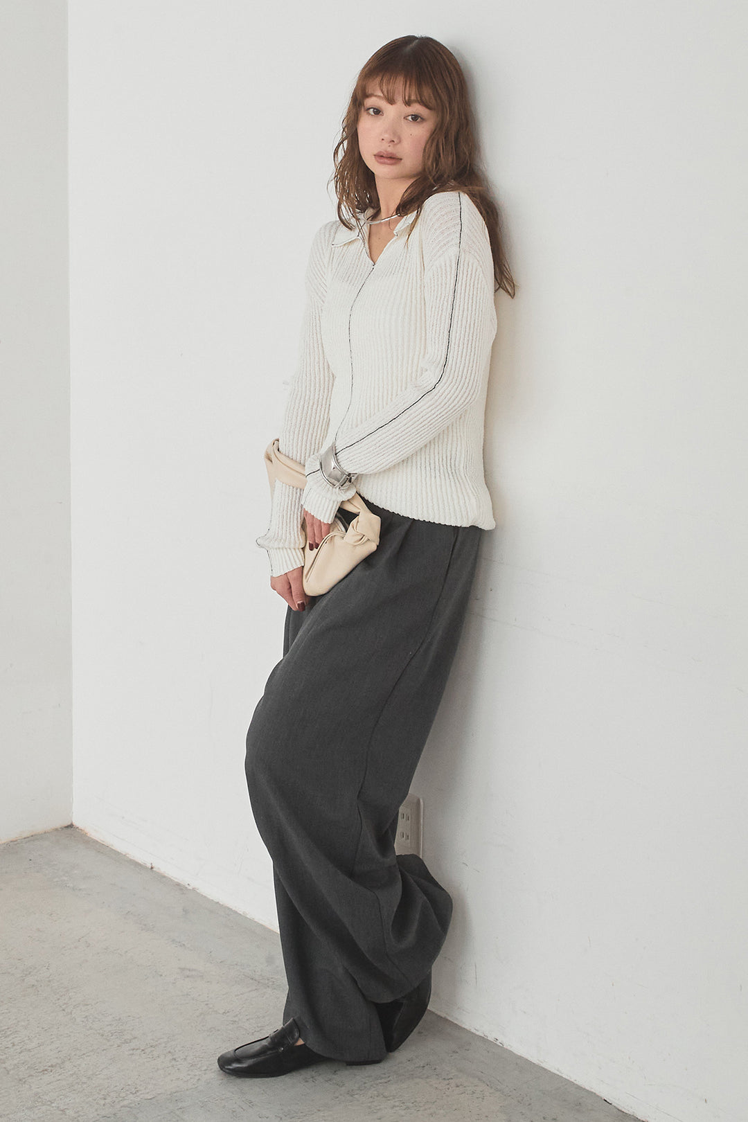 [SET]衿付きニットプルオーバー+サイドベルトタック入りスラックス(2set)