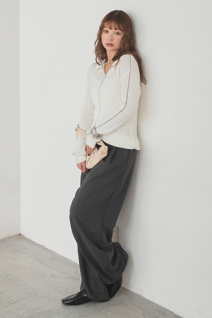 [SET]衿付きニットプルオーバー+サイドベルトタック入りスラックス(2set)