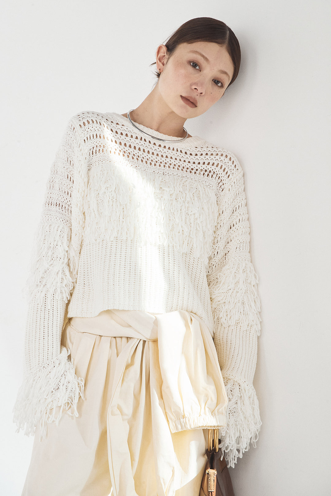 [SET]メッシュフリンジ切り替えプルオーバー+合繊ツイルスタンドウエスト巻きジョガーパンツ(2set)