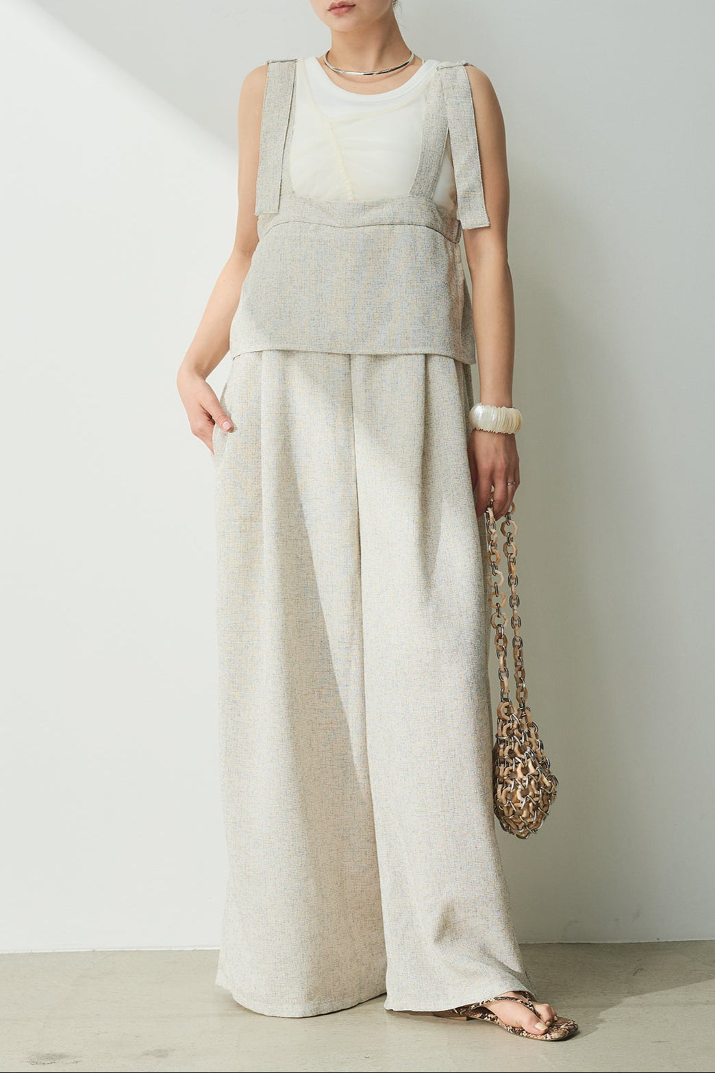 [SET]シャーリングシアータンクxリブタンクSET+ツイードライクケープサロペット(2set)