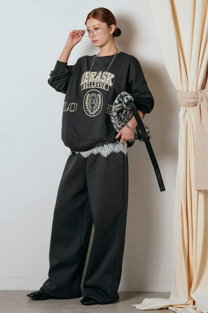 [SET]裏毛カレッジプリントプルオーバー+裏起毛スウェットワイドパンツ+カップ付きレースドッキングキャミソール(3set)