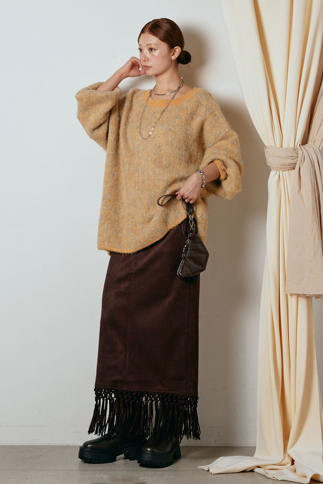 [SET]ボリュームスリーブミックスニットトップス+スウェードライク裾フリンジスカート(2set)