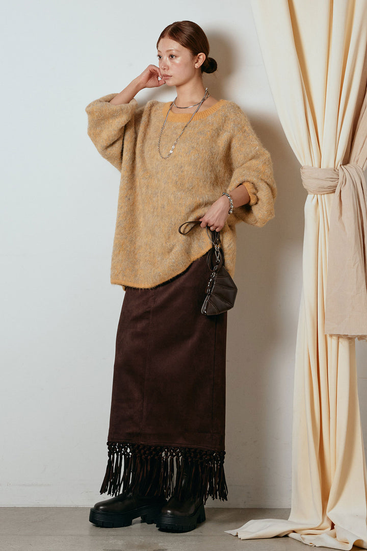[SET]ボリュームスリーブミックスニットトップス+スウェードライク裾フリンジスカート(2set)