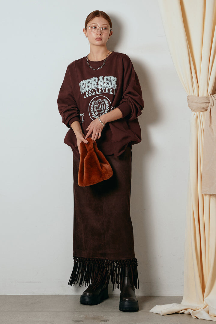 [SET]裏毛カレッジプリントプルオーバー+スウェードライク裾フリンジスカート(2set)