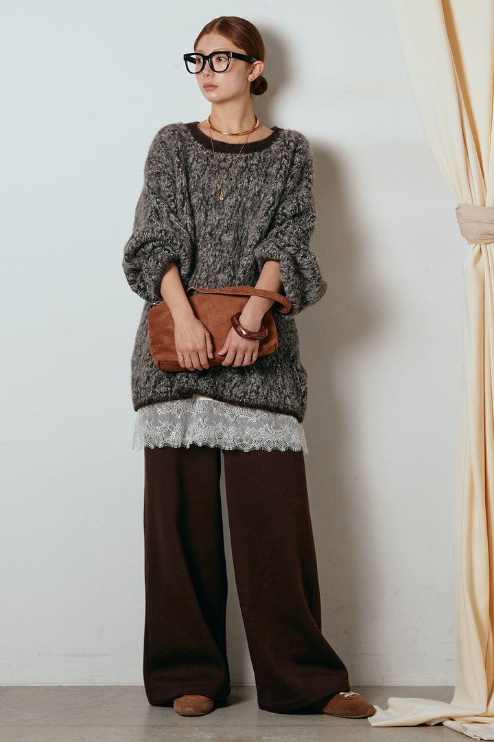 [SET]ボリュームスリーブミックスニットトップス+レース切り替えキャミソール(2set)