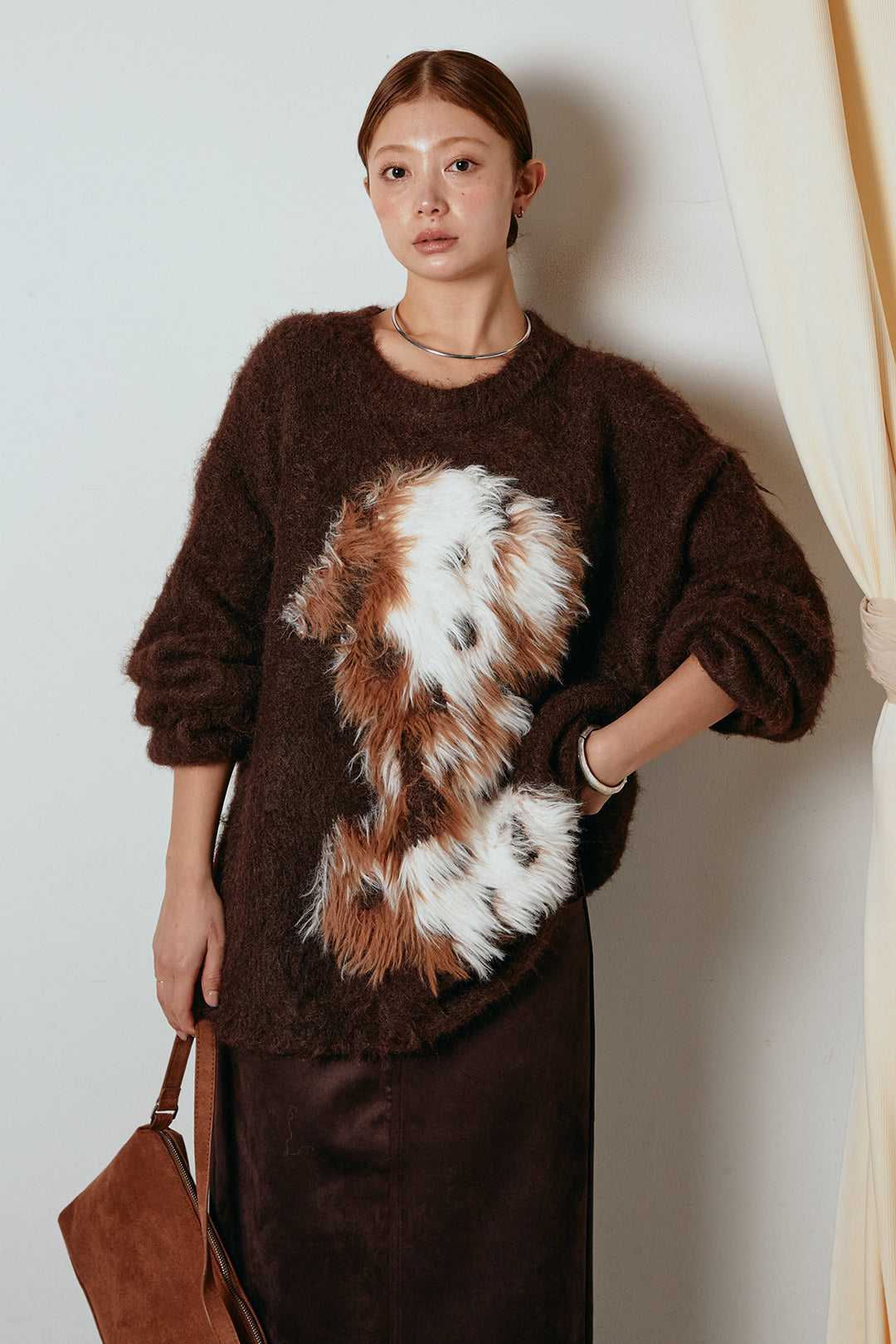 [SET]シャギーニュアンスアニマルニット+スウェードライク裾フリンジスカート(2set)