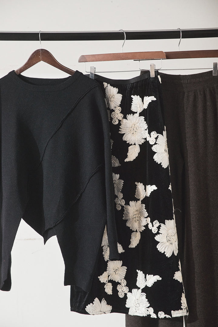 【着回しセット】[SET]アシンメトリーデザインニットトップス+センターラインニットパンツ+フラワー刺繍ワイドスカート(3set)