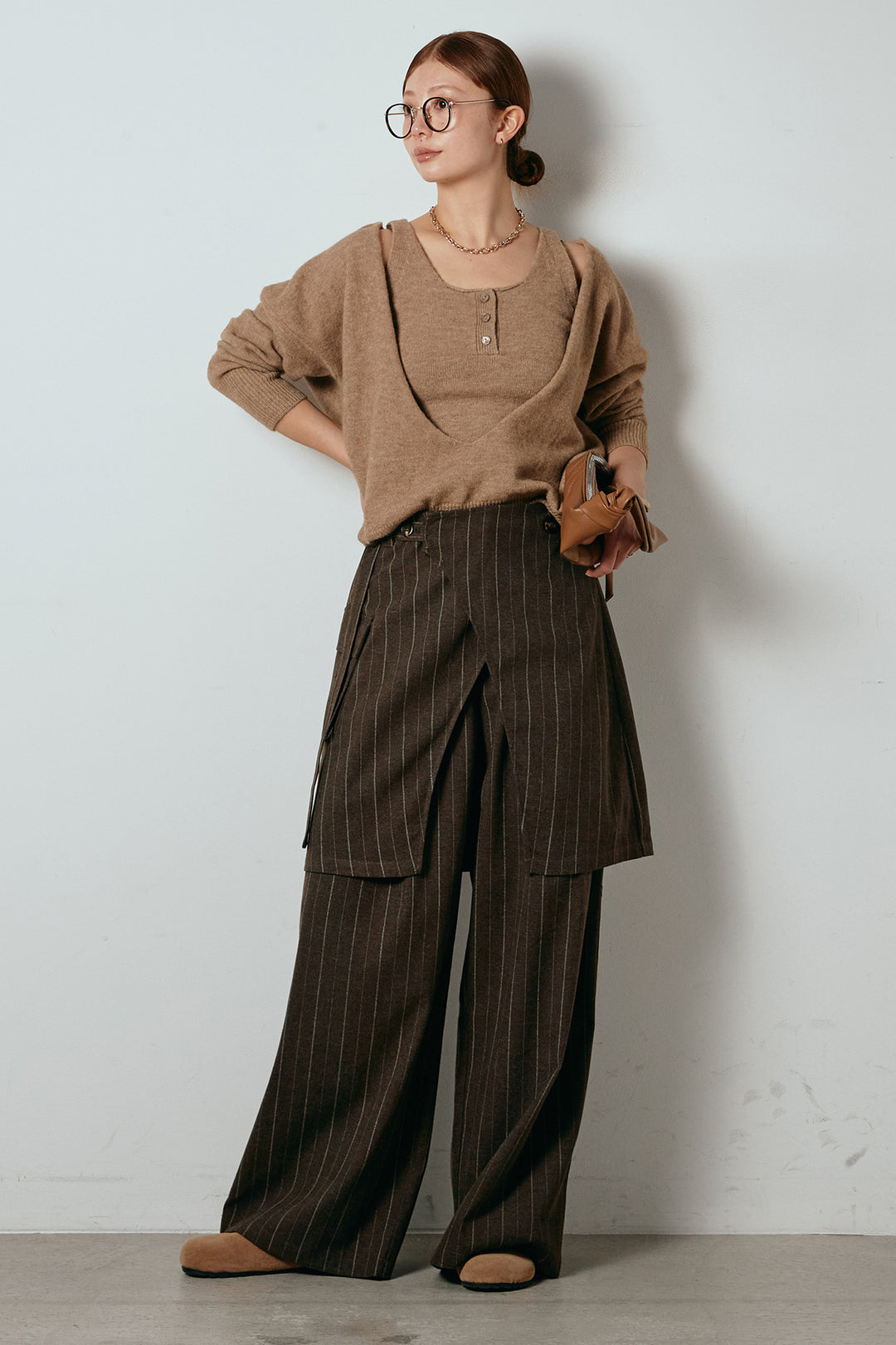 [SET]襟付きレイヤードニットトップス+細ストライプレイヤードデザインパンツ(2set)