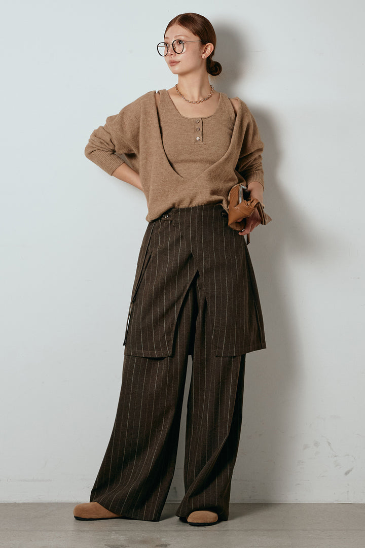 [SET]襟付きレイヤードニットトップス+細ストライプレイヤードデザインパンツ(2set)