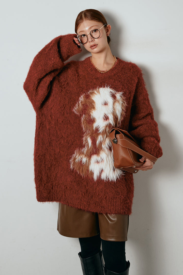 [SET]シャギーニュアンスアニマルニット+ストレッチエコレザーバミューダパンツ(2set)