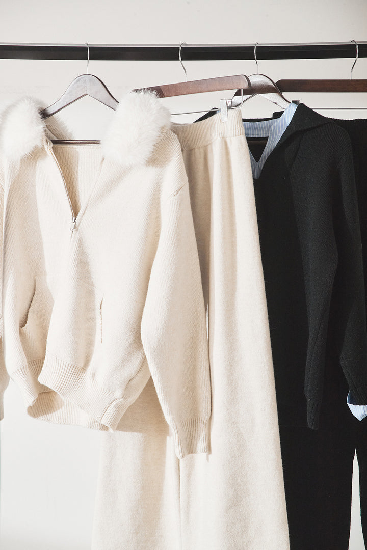 【着回しセット】[SET]ファー付きフーディーニットSETUP+ストライプドッキングニットポロSETUP(2set)