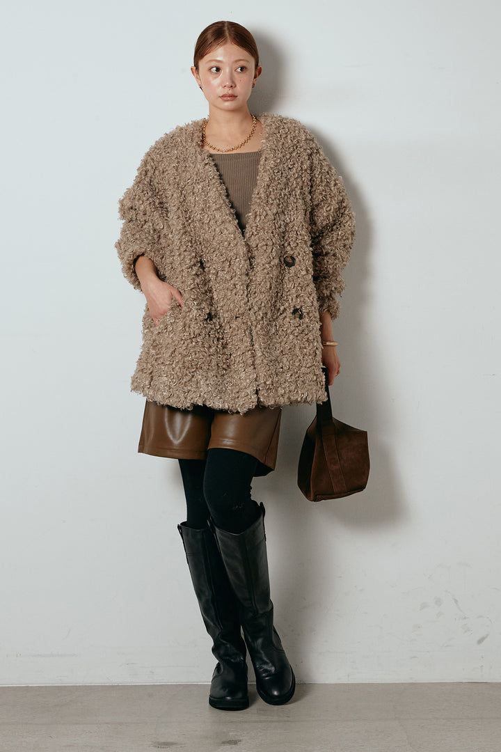 [SET]シープライクファージャケット+ストレッチエコレザーバミューダパンツ(2set)