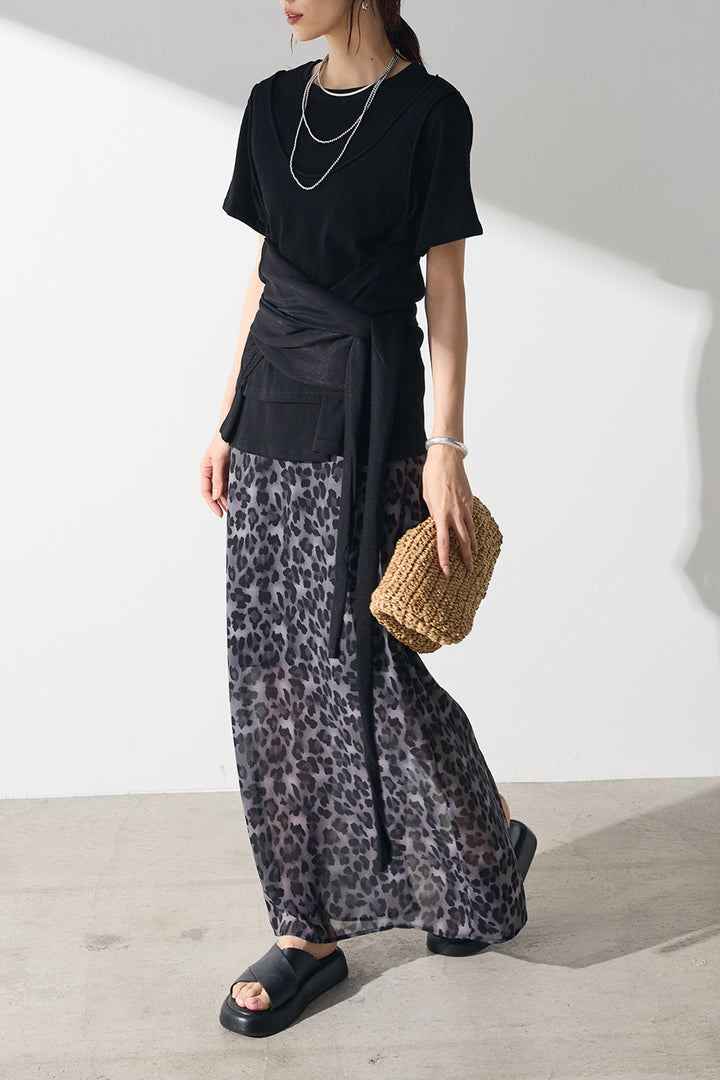 [SET]フロントタイTシャツ+レオパード柄ストレートスカート(2set)