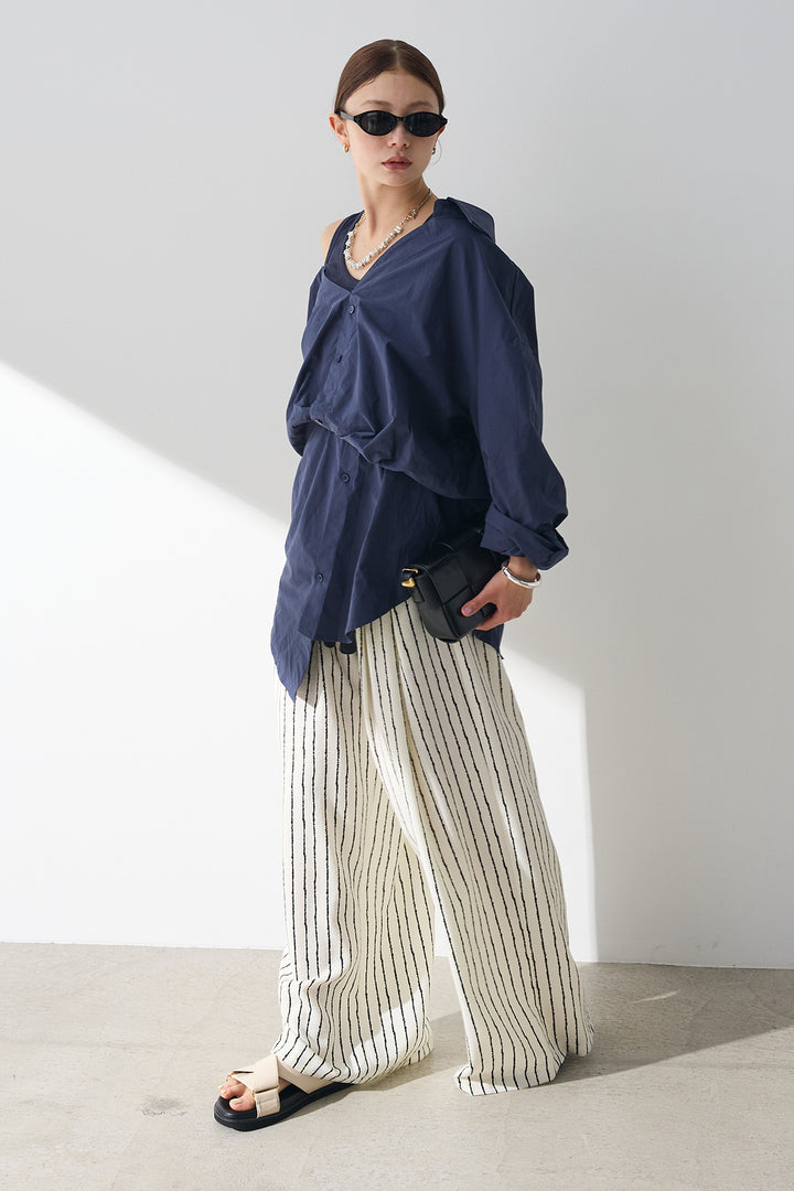 [SET]タンク付きアシメシャツ+レザーベルト付きストライプパンツ(2set)