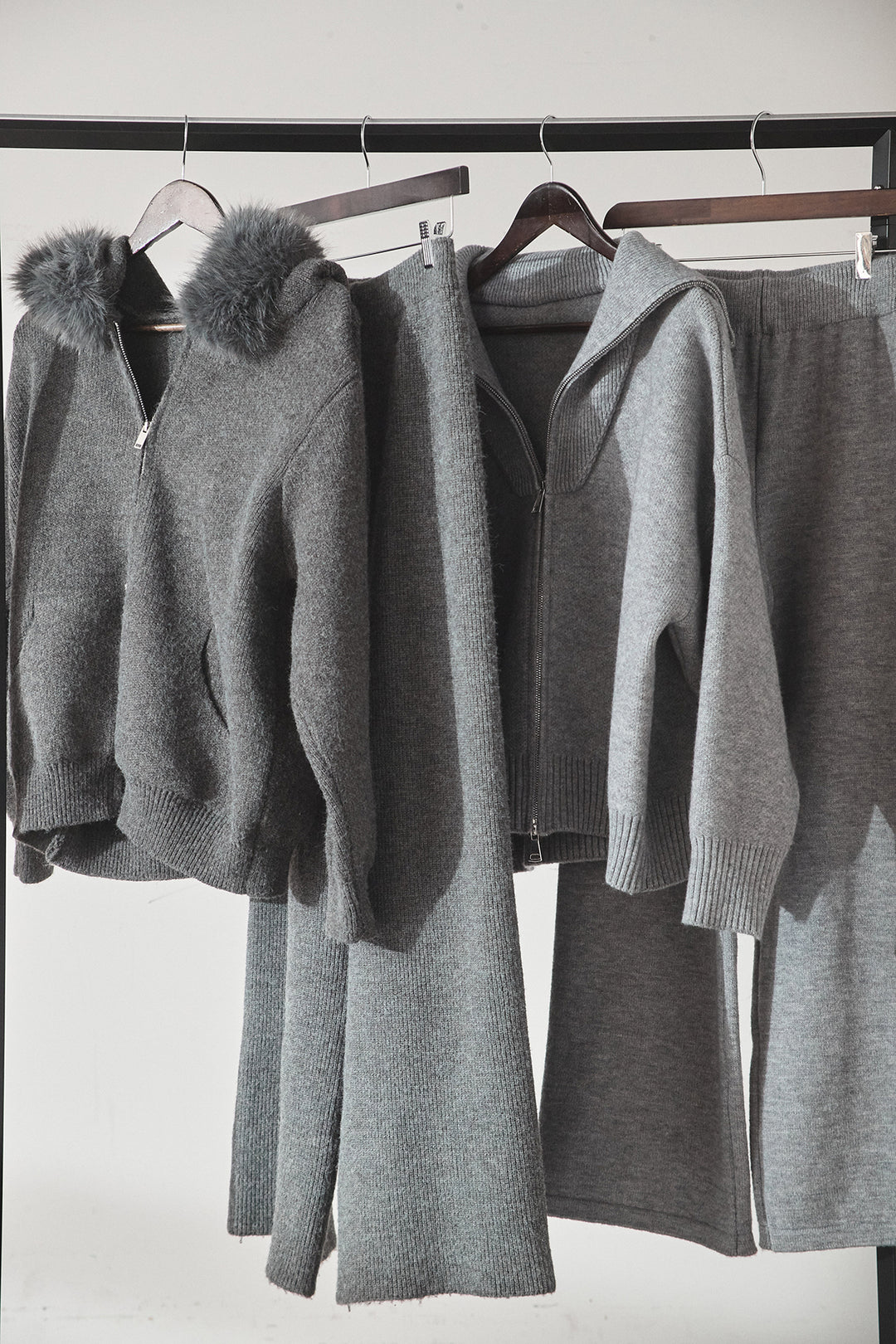 【着回しセット】[SET]ファー付きフーディーニットSETUP+ビッグカラーダブルジップニットSETUP(2set)