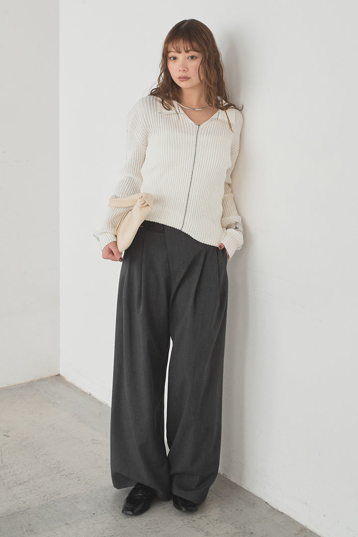 [SET]衿付きニットプルオーバー+サイドベルトタック入りスラックス(2set)