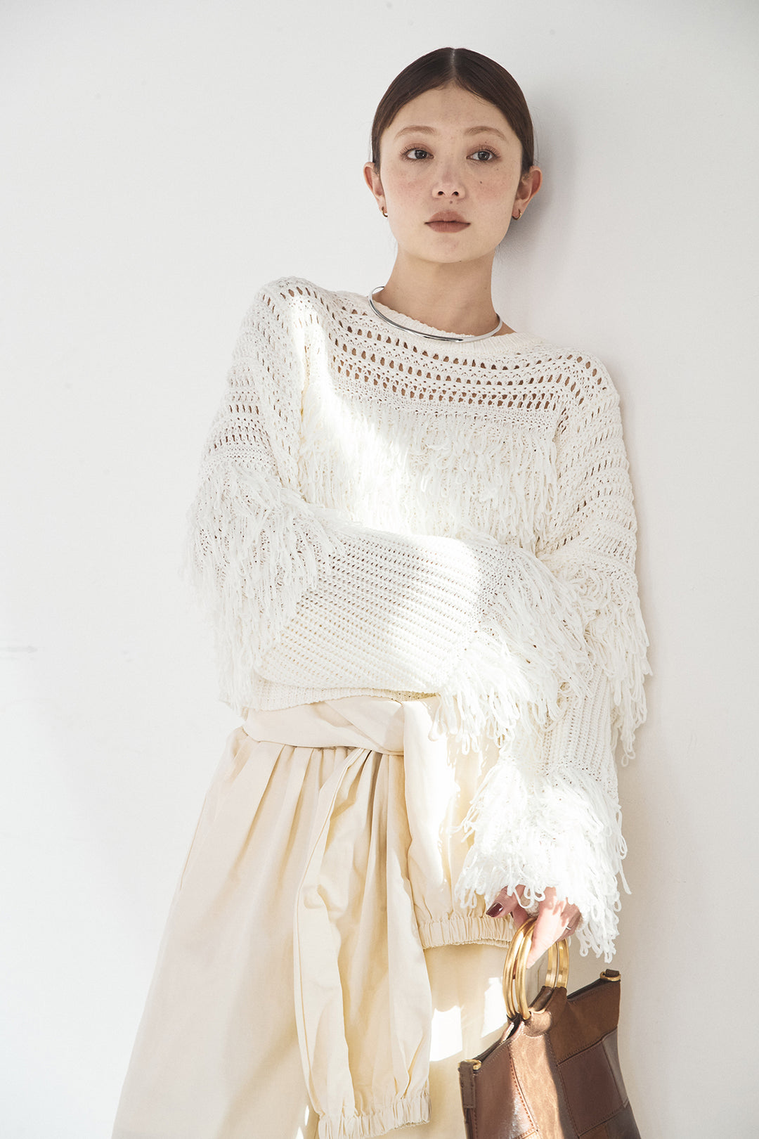 [SET]メッシュフリンジ切り替えプルオーバー+合繊ツイルスタンドウエスト巻きジョガーパンツ(2set)