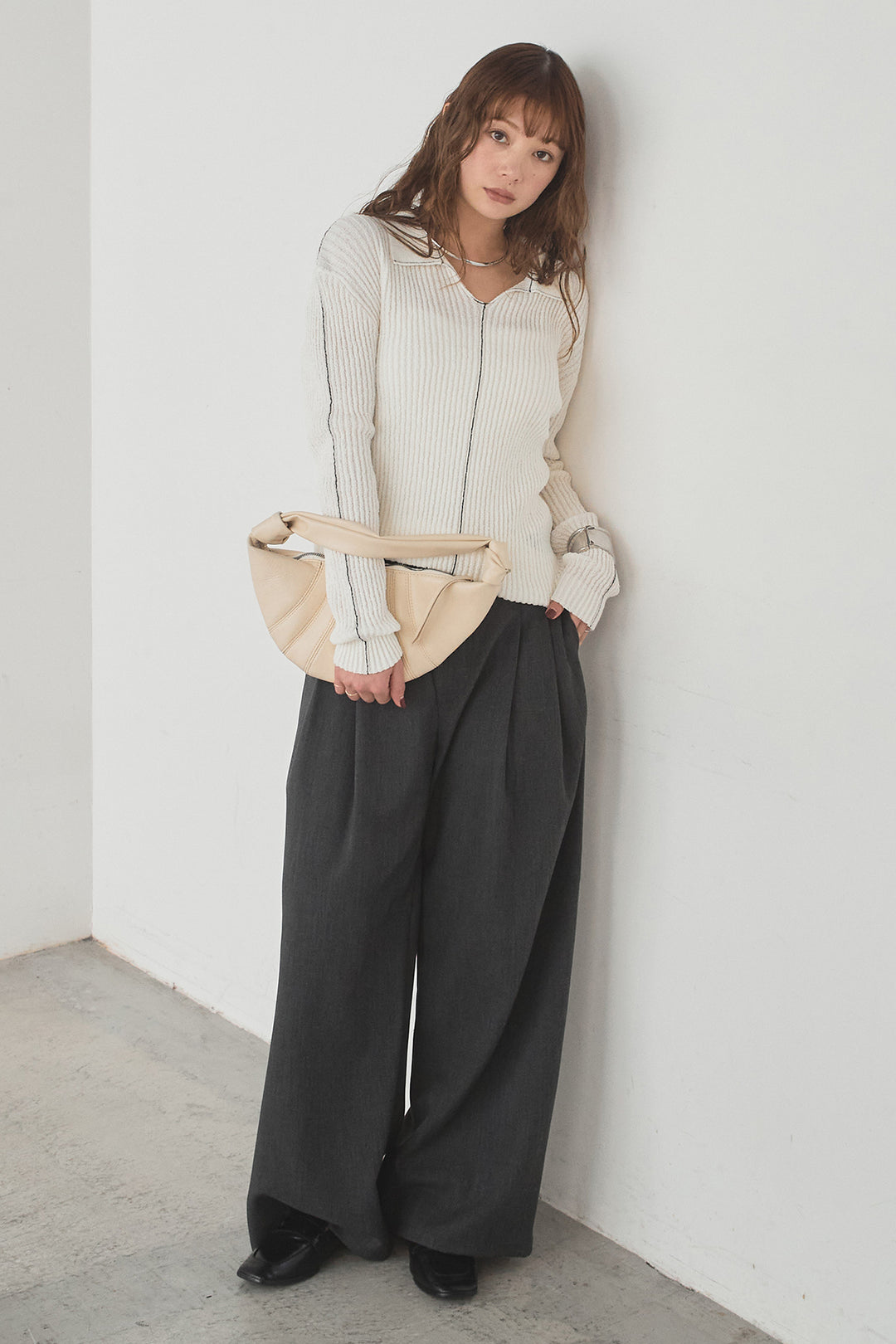 [SET]衿付きニットプルオーバー+サイドベルトタック入りスラックス(2set)