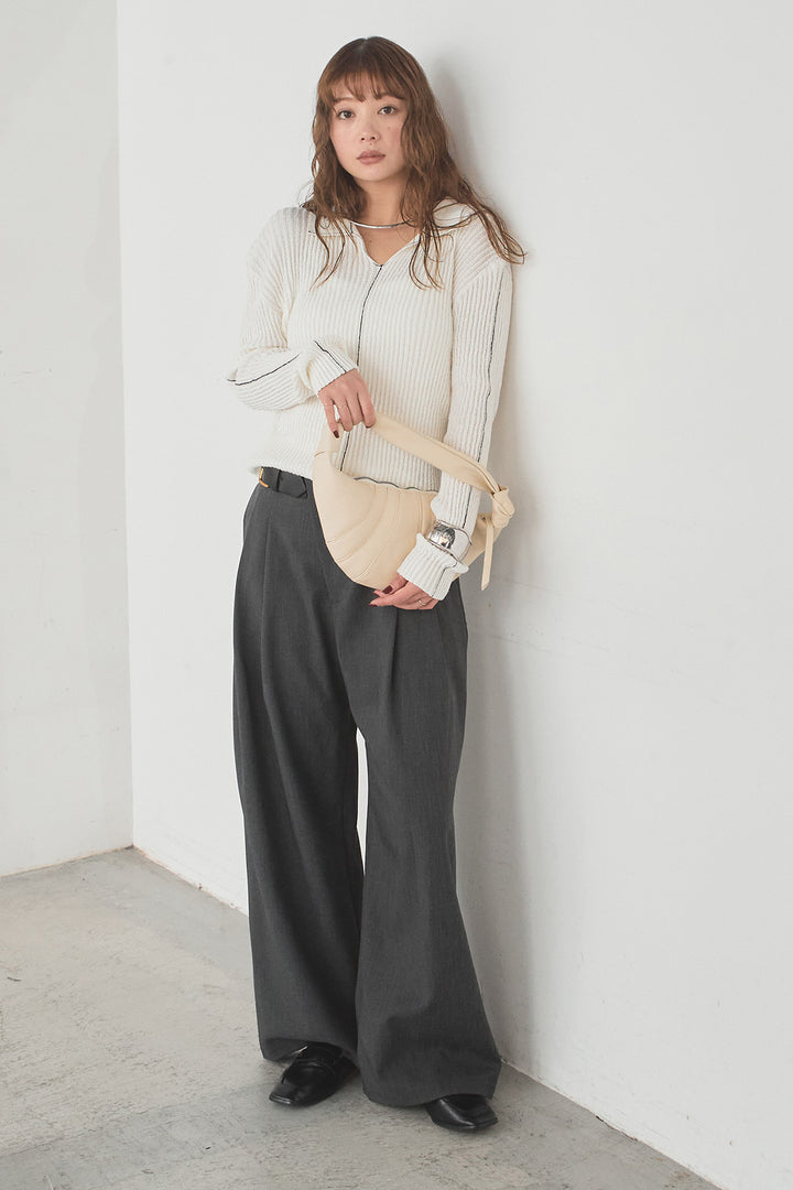 [SET]衿付きニットプルオーバー+サイドベルトタック入りスラックス(2set)