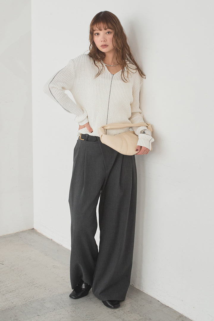 [SET]衿付きニットプルオーバー+サイドベルトタック入りスラックス(2set)