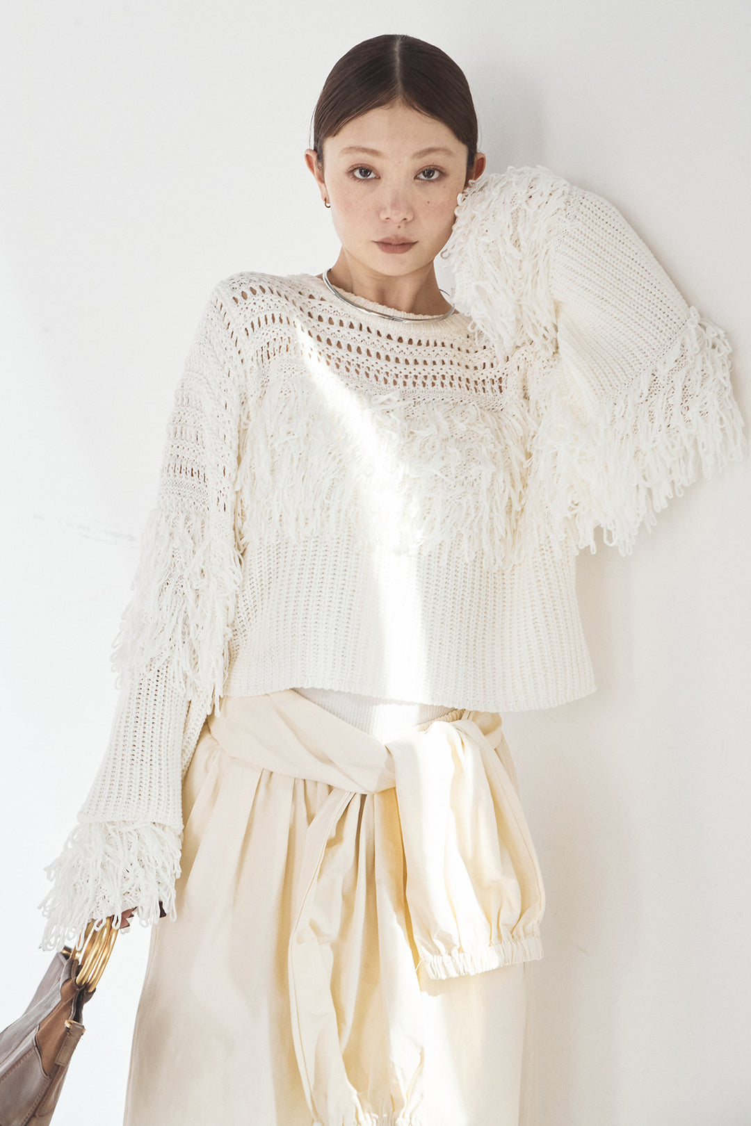 [SET]メッシュフリンジ切り替えプルオーバー+合繊ツイルスタンドウエスト巻きジョガーパンツ(2set)