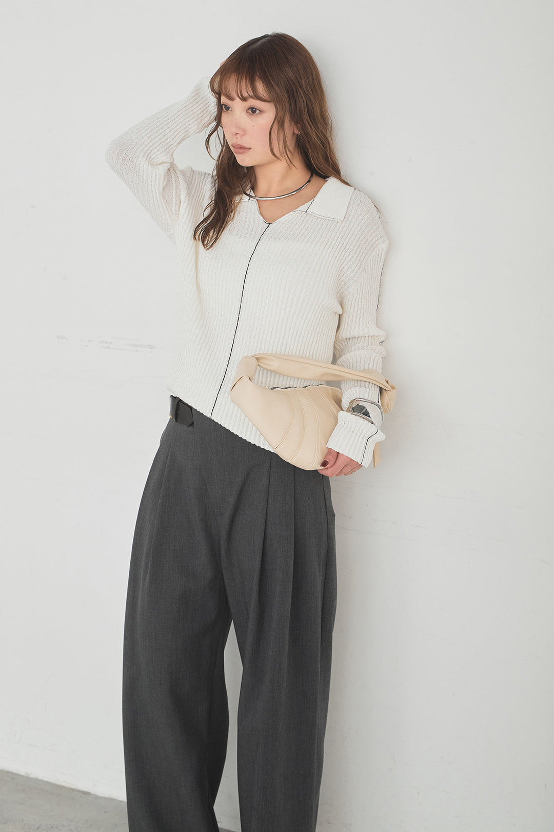 [SET]衿付きニットプルオーバー+サイドベルトタック入りスラックス(2set)