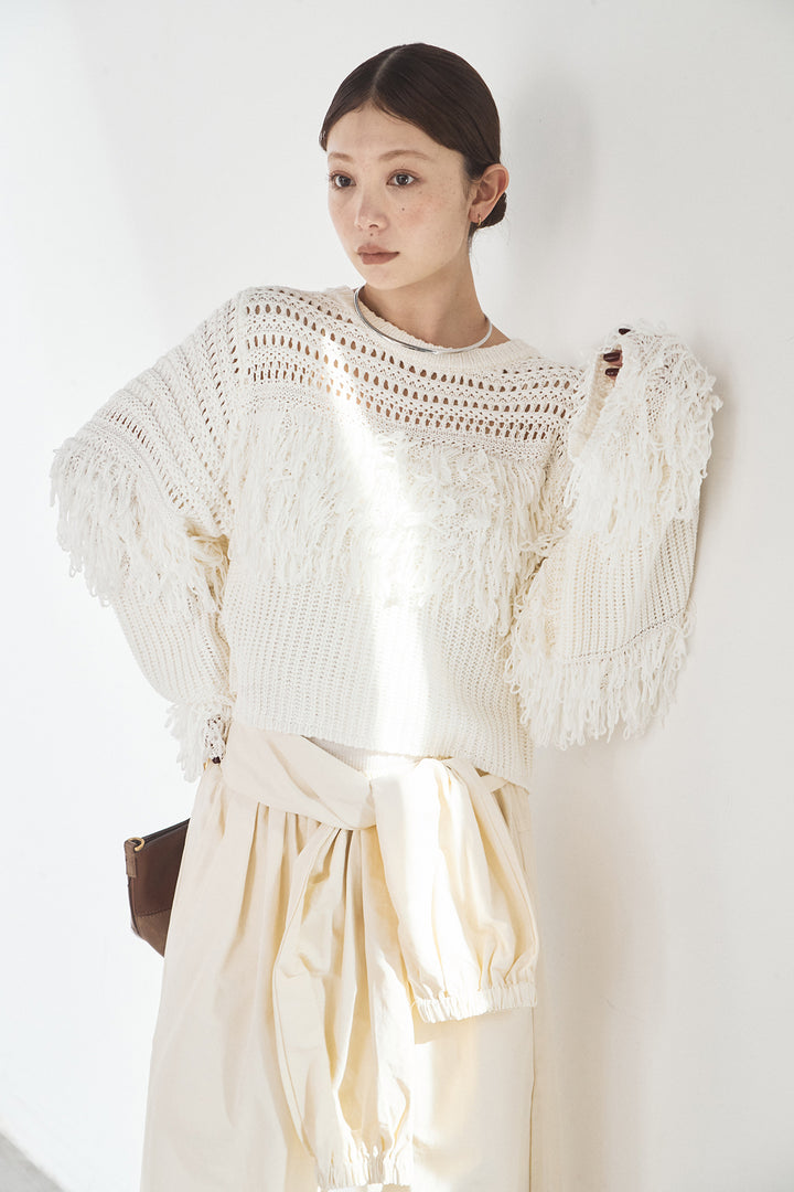 [SET]メッシュフリンジ切り替えプルオーバー+合繊ツイルスタンドウエスト巻きジョガーパンツ(2set)