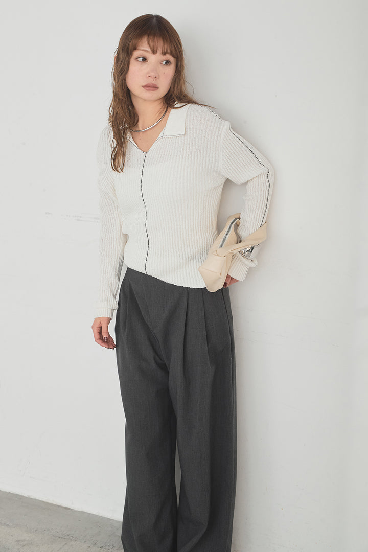 [SET]衿付きニットプルオーバー+サイドベルトタック入りスラックス(2set)