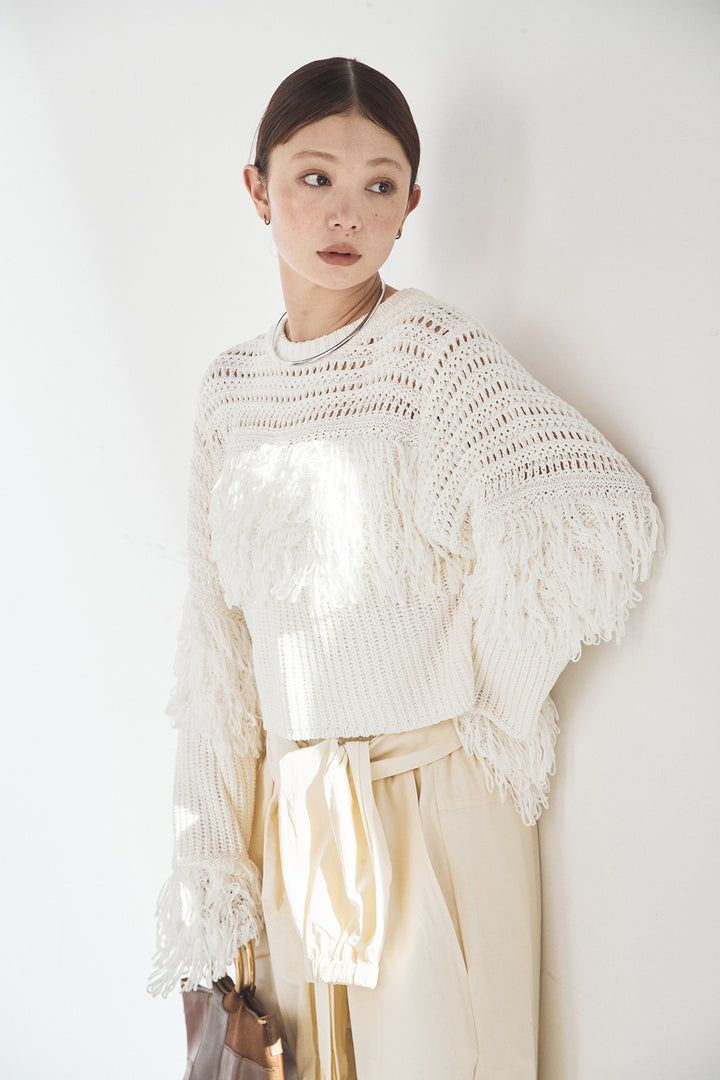 [SET]メッシュフリンジ切り替えプルオーバー+合繊ツイルスタンドウエスト巻きジョガーパンツ(2set)